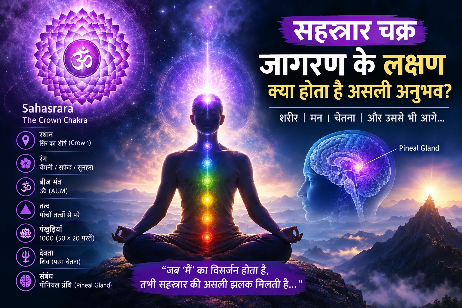 एक बात पूछूँ — क्या आपने कभी ध्यान में ऐसा महसूस किया है कि आप हैं, लेकिन "आप" नहीं हैं? मतलब — शरीर है, साँसें चल रही हैं, लेकिन वह "मैं" जो हमेशा सोचता रहता है, जो हर चीज़ पर राय रखता है, जो हर वक्त कुछ न कुछ चाहता रहता है — वह अचानक कहीं गायब हो गया हो?  अगर हाँ — तो आपने सहस्रार चक्र की एक झलक देखी है।  और अगर नहीं — तो यह लेख आपको उस अनुभव के करीब ले जाएगा। कम से कम समझने के स्तर पर।  सच कहूँ तो, सहस्रार चक्र के बारे में हिंदी में जो articles मिलते हैं, उनमें से ज़्यादातर बस यही बताते हैं — "यह सातवाँ चक्र है, इसका रंग बैंगनी है, इसे जागृत करने से मोक्ष मिलता है।" बस। इतना सुनकर मन में एक सवाल उठता है — ठीक है, लेकिन असल में होता क्या है? कैसे पता चलेगा कि यह जागृत हो रहा है? और क्या यह सच में इतना आसान है?  इन्हीं सवालों के जवाब आज देने की कोशिश करूँगा।  सहस्रार चक्र क्या है? — नाम में ही सब कुछ है  "सहस्रार" — यह शब्द संस्कृत से आया है। "सहस्र" यानी हज़ार, और "अर" यानी पंखुड़ी। तो सहस्रार का अर्थ है — हज़ार पंखुड़ियों वाला कमल।  यह हमारे सात मुख्य चक्रों में सबसे ऊपर है — सिर के शीर्ष पर, जहाँ हिंदू परंपरा में शिखा (चोटी) रखी जाती है। यह कोई संयोग नहीं है। हमारे पूर्वजों को पता था कि यह स्थान विशेष है।  इसकी मूलभूत जानकारी:  स्थान: सिर का शीर्ष (Crown of the head) — कुछ ग्रंथों में इसे शरीर से थोड़ा ऊपर, आभामंडल में बताया गया है रंग: यहाँ थोड़ी confusion है — कुछ ग्रंथ सफेद बताते हैं, कुछ बैंगनी, कुछ सुनहरा। मेरे अनुभव में ध्यान में जो रंग स्वाभाविक रूप से दिखे, वही सही है बीज मंत्र: ॐ (AUM) — हालाँकि कुछ तांत्रिक ग्रंथों में इसे "विसर्ग" या "अं" बताया गया है तत्व: इससे परे — यह पाँचों तत्वों से ऊपर है। यहाँ कोई तत्व नहीं, केवल शुद्ध चेतना है पंखुड़ियाँ: 1000 — 50 पंखुड़ियों की 20 परतें। इसका अर्थ है कि यह शरीर के हर बिंदु से जुड़ा है देवता: शिव — परम चेतना के रूप में। शक्ति यहाँ शिव से मिलती है — यही कुंडलिनी जागरण का चरम है  और एक बात जो बहुत कम लोग बताते हैं — सहस्रार का संबंध Pineal Gland (पीनियल ग्रंथि) से है। यह मस्तिष्क के केंद्र में स्थित एक छोटी सी ग्रंथि है जो melatonin बनाती है और नींद-जागरण के चक्र को नियंत्रित करती है। लेकिन इससे भी ज़्यादा दिलचस्प बात यह है कि इसे "तीसरी आँख" भी कहा जाता है। कुछ शोधकर्ताओं का मानना है कि गहरे ध्यान में pineal gland से DMT (Dimethyltryptamine) जैसे पदार्थ निकलते हैं — जो उन अनुभवों की व्याख्या कर सकते हैं जो साधक ध्यान में करते हैं।  सहस्रार जागरण
